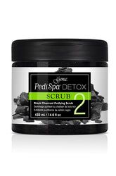 Closer look on capped Pedi Spa Detox Black Charcoal Purifying Scrub in 14.6-ounce container with printed labeled text